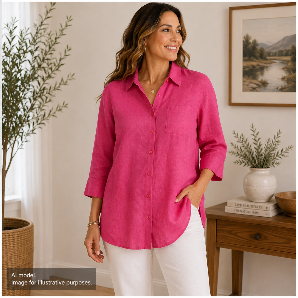 Chico's Top Shirt 2 Womens Large Vibrant Pink Linen Non-Iron Button Up Tunic